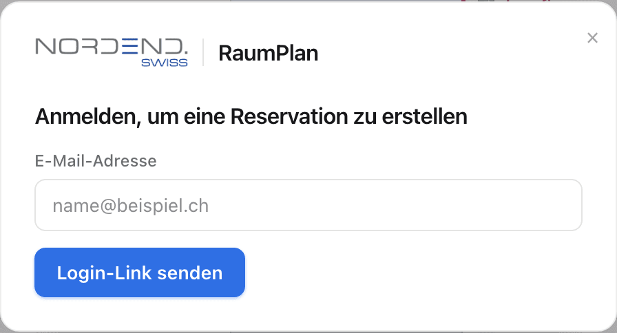 Anmeldefenster von RaumPlan mit E-Mail-Adresse und Login-Link senden