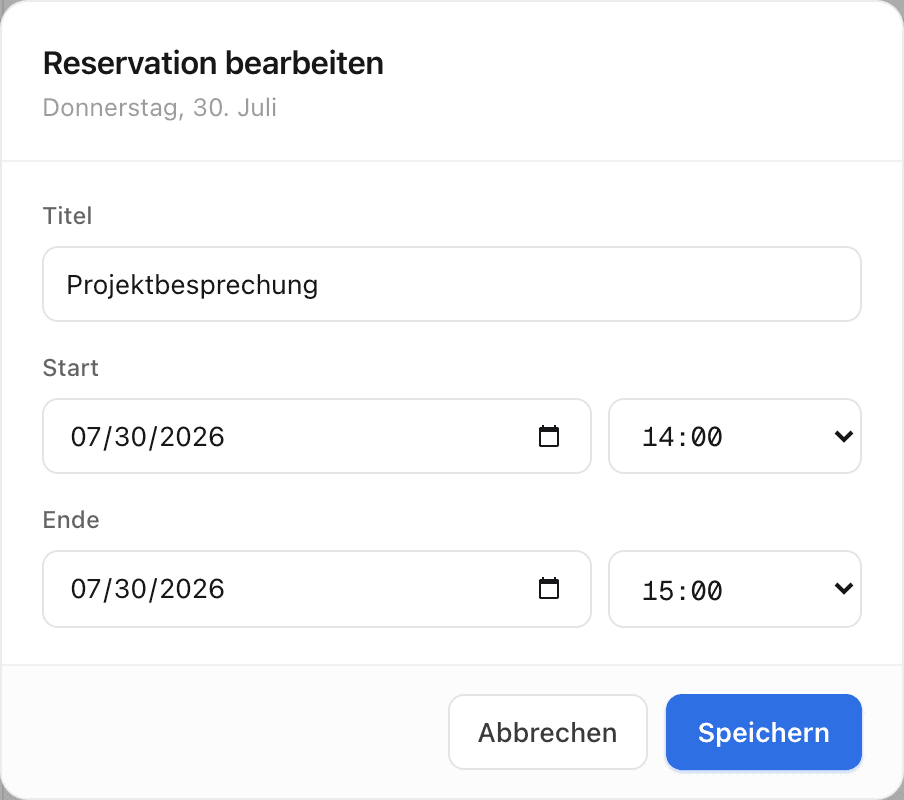 Bearbeiten-Ansicht einer Reservation mit Titel, Start und Ende